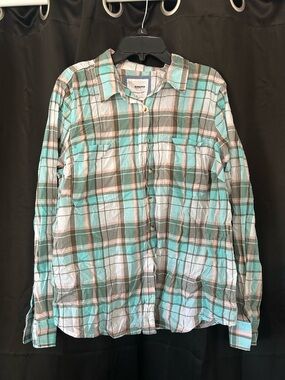 Sonoma Aqua and Gray Plaid Women’s Casual Button-Down Shirt